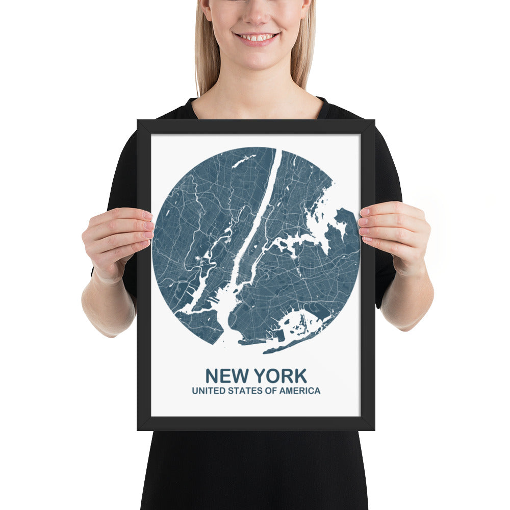 New York Circular Blue Framed Map