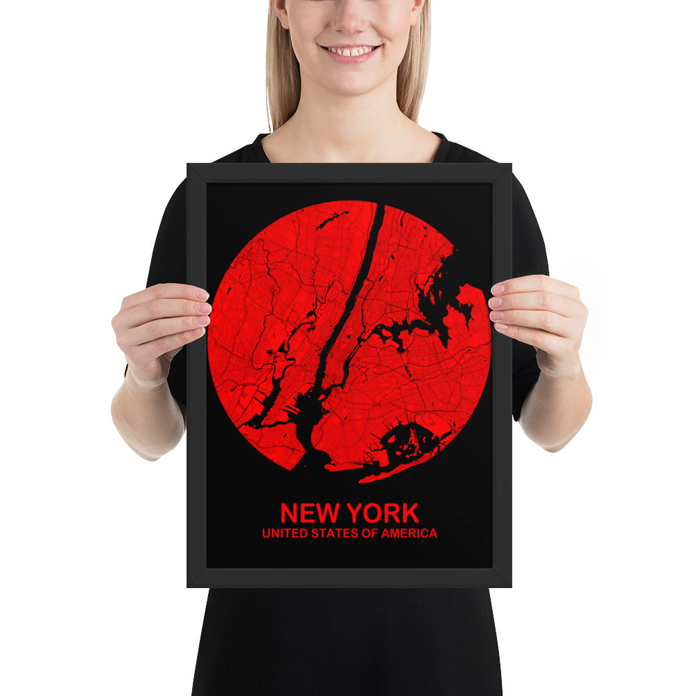 New York Circular Red Framed Map