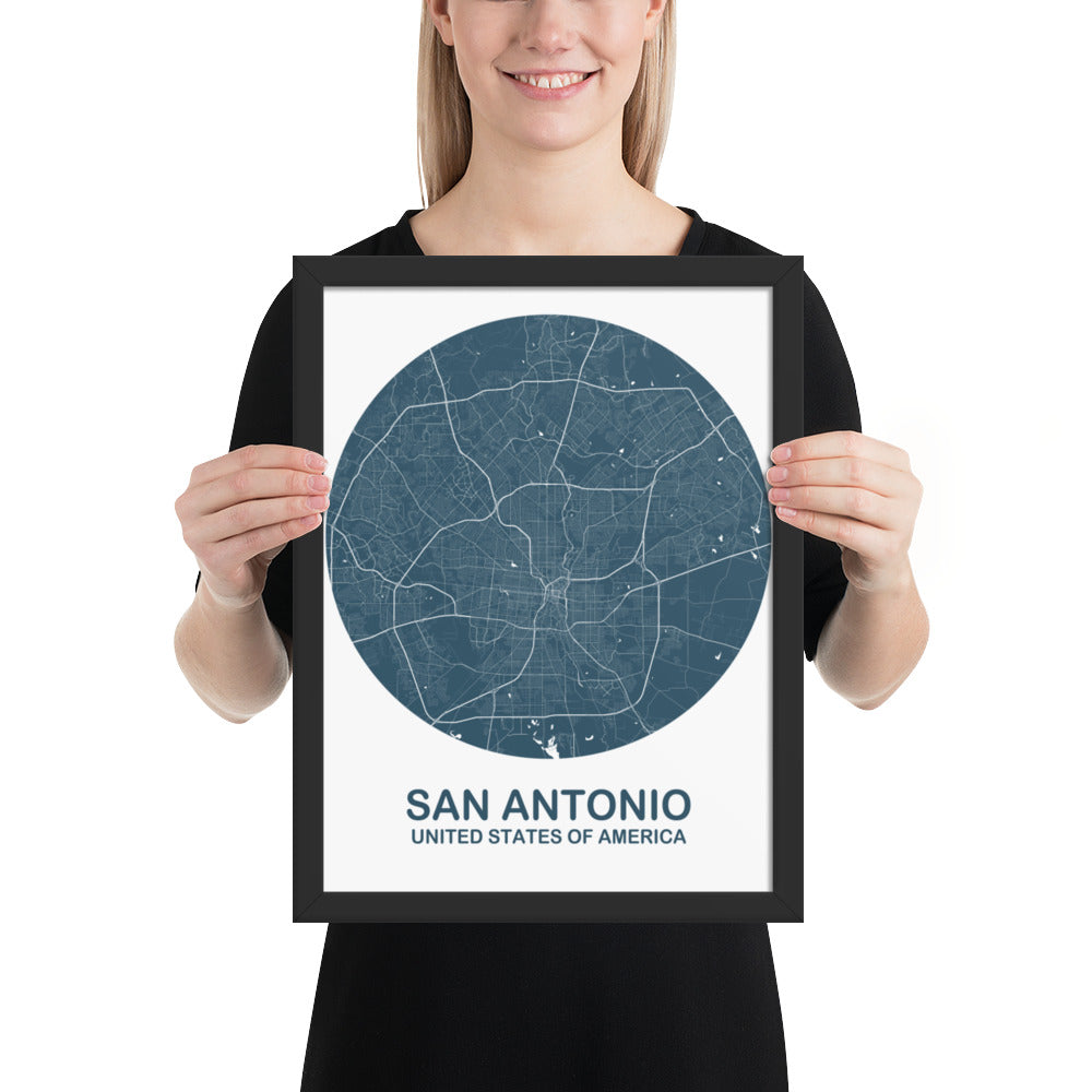 San Antonio Circular Blue Framed Map