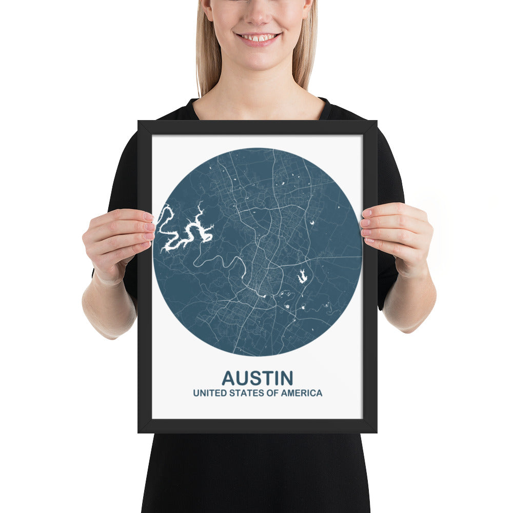 Austin Circular Blue Framed Map