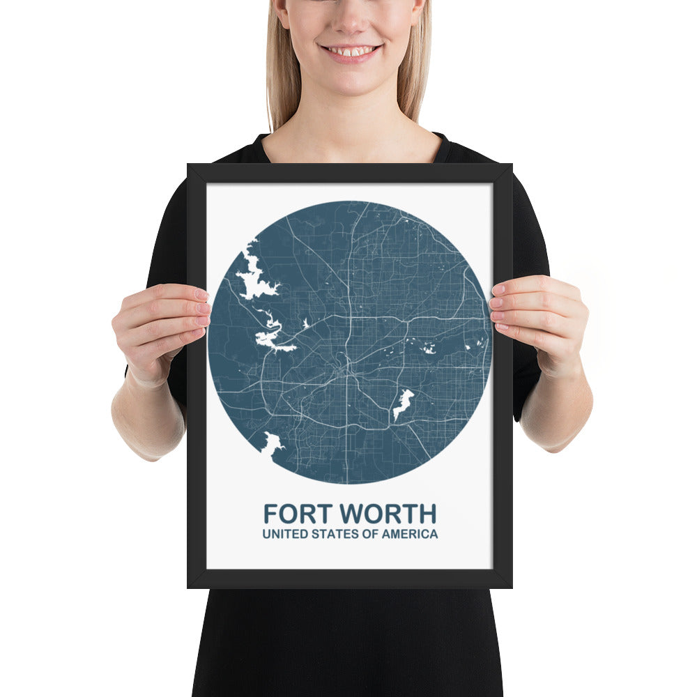 Fort Worth Circular Blue Framed Map