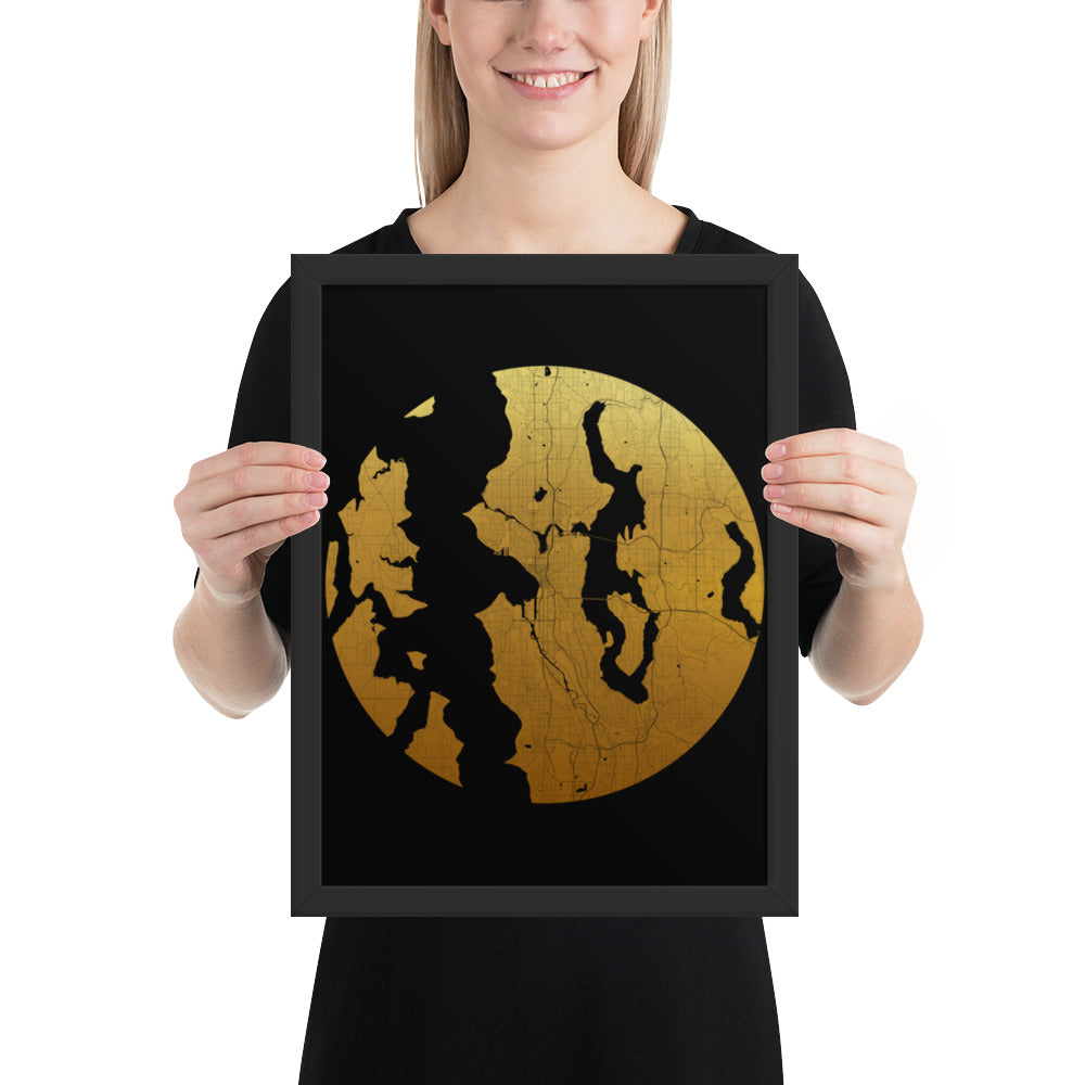 Seattle Gold on Black Framed Map