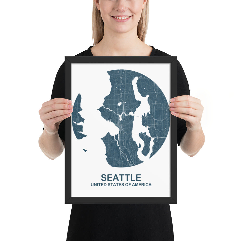 Seattle Circular Blue Framed Map