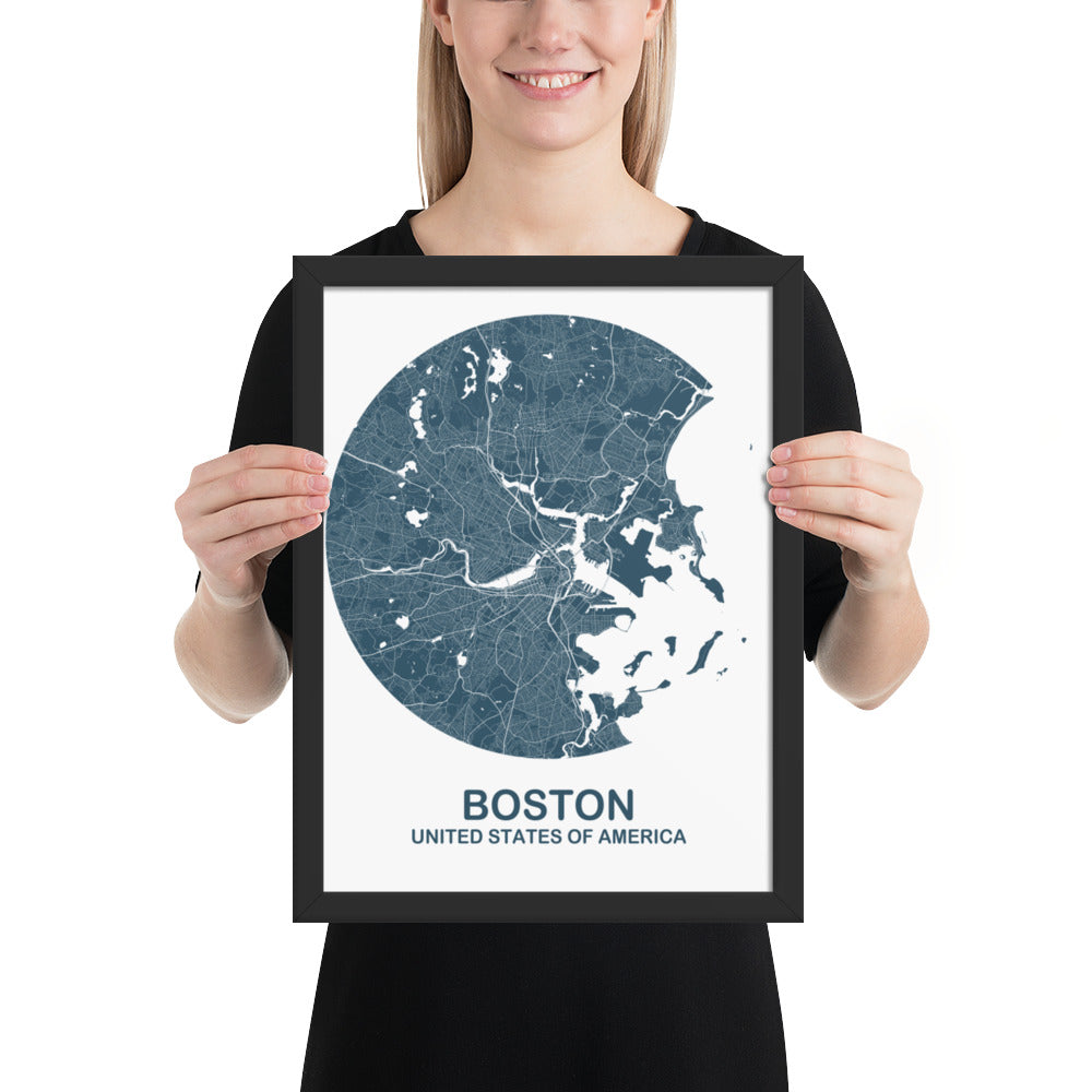 Boston Circular Blue Framed Map