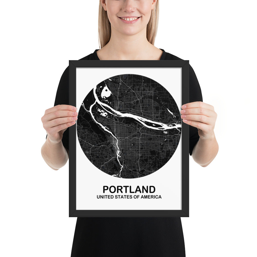 Portland Circular Black Framed Map