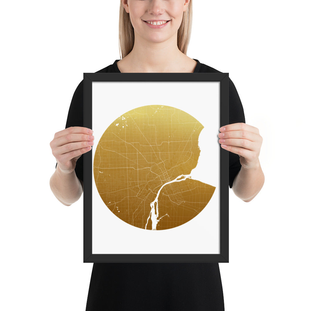 Detroit Gold on White Framed Map