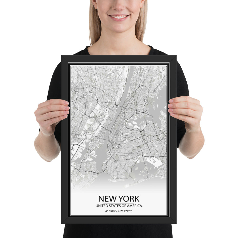 New York White Framed Map