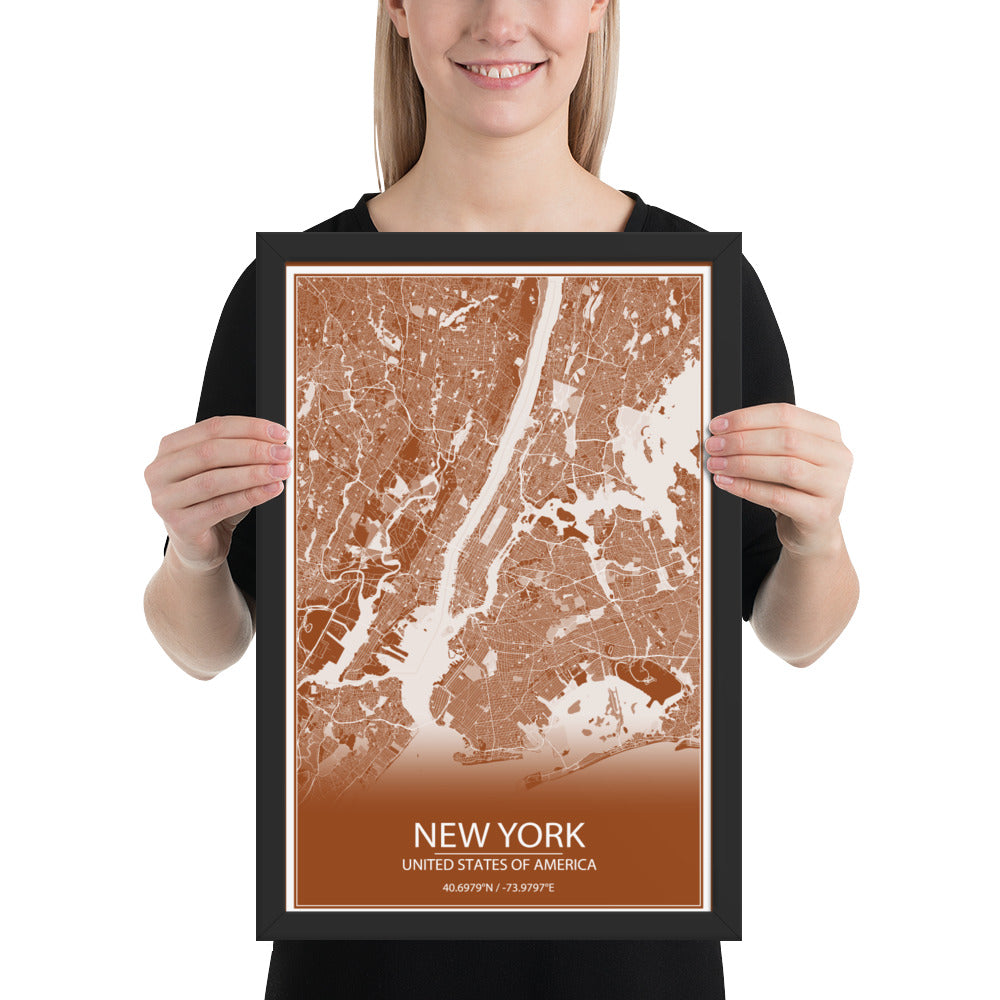 New York Brown and White Framed Map