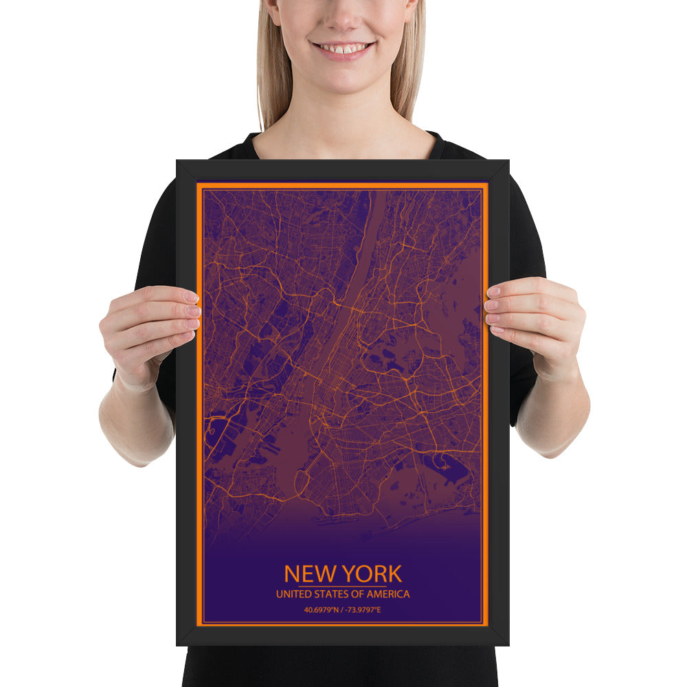 New York Purple and Orange Framed Map