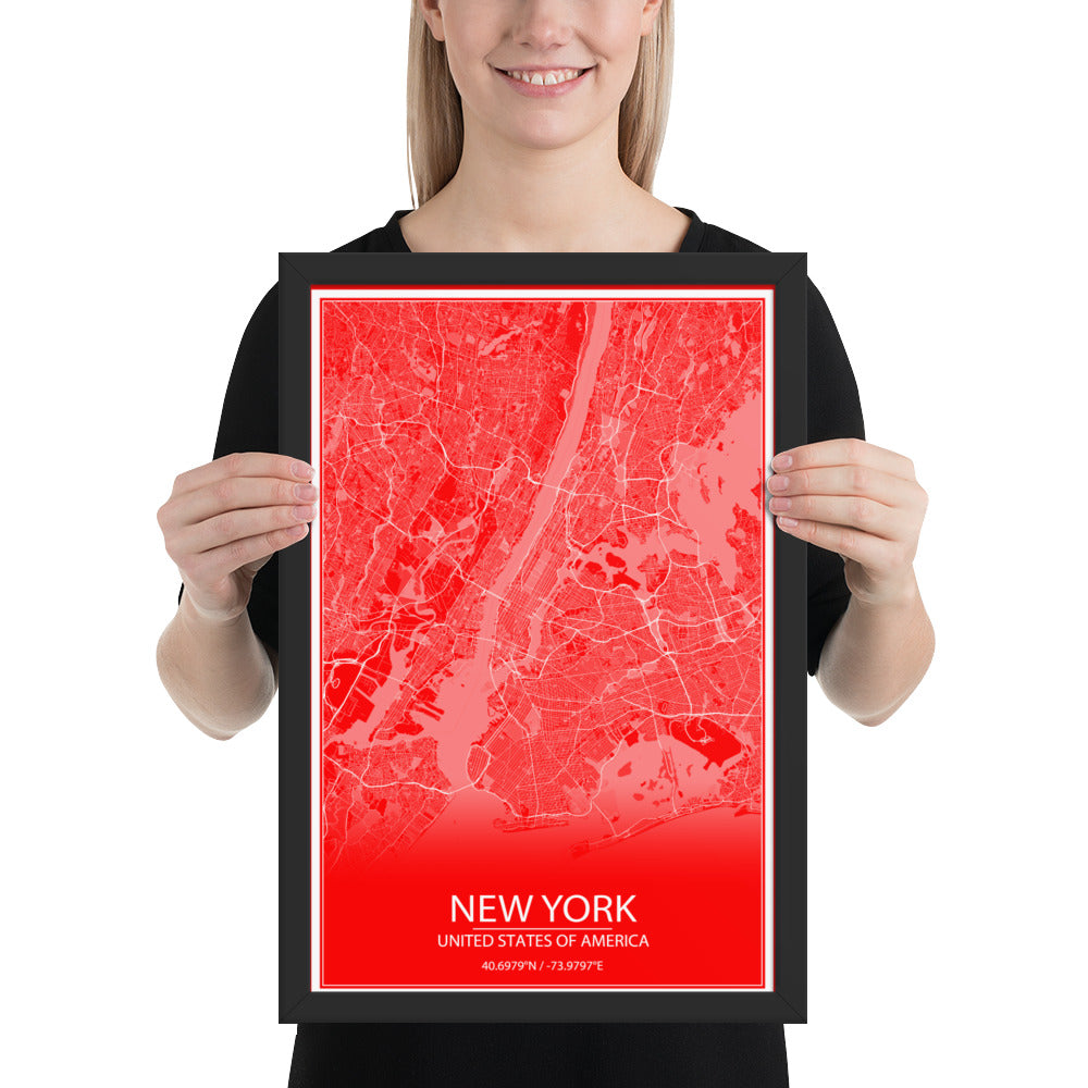 New York Red and White Framed Map