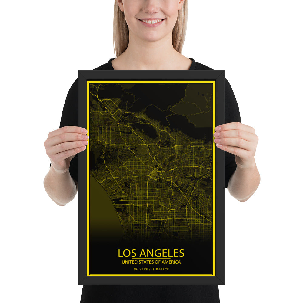 Los Angeles Black and Yellow Framed Map