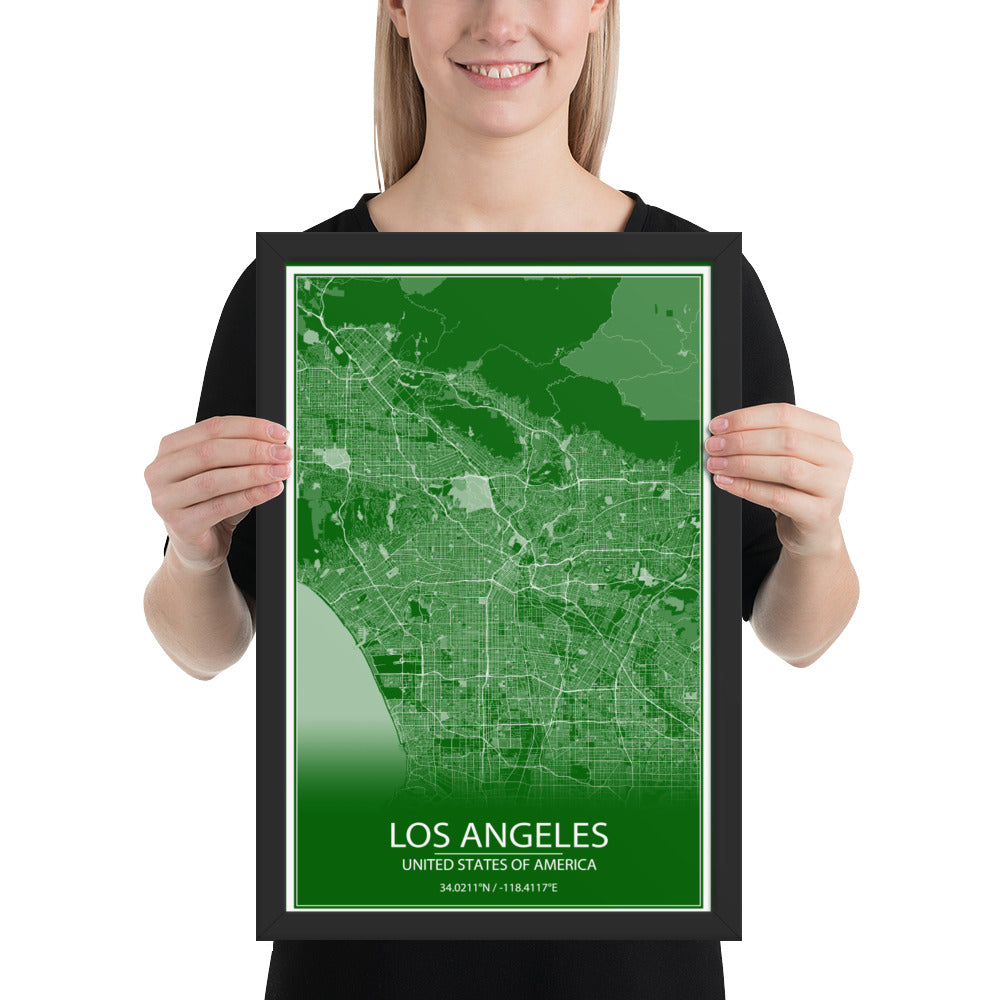 Los Angeles Green and White Framed Map