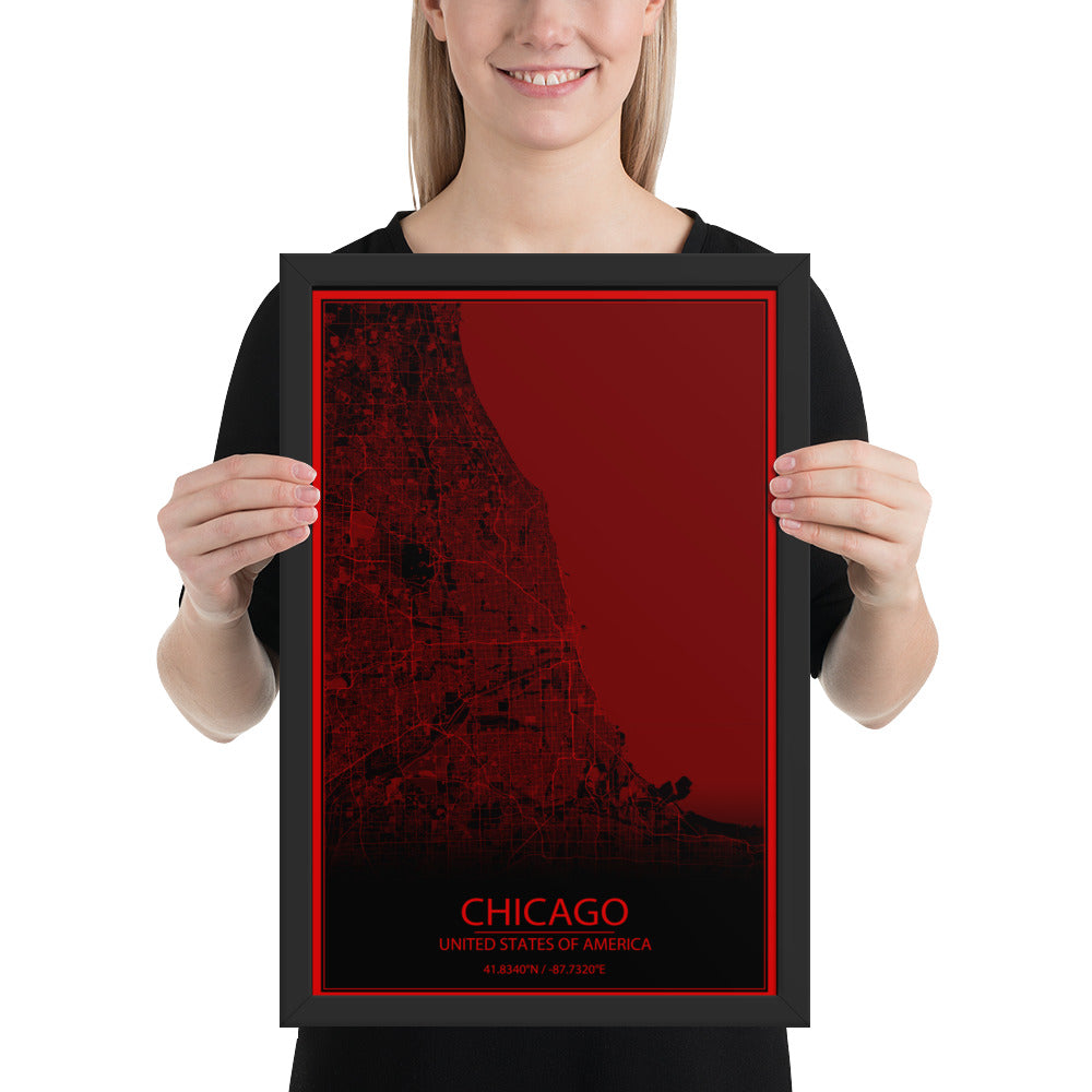 Chicago Black and Red Framed Map