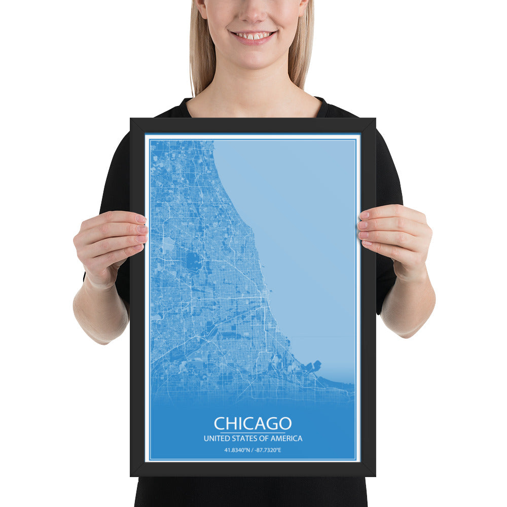 Chicago Blue and White Framed Map