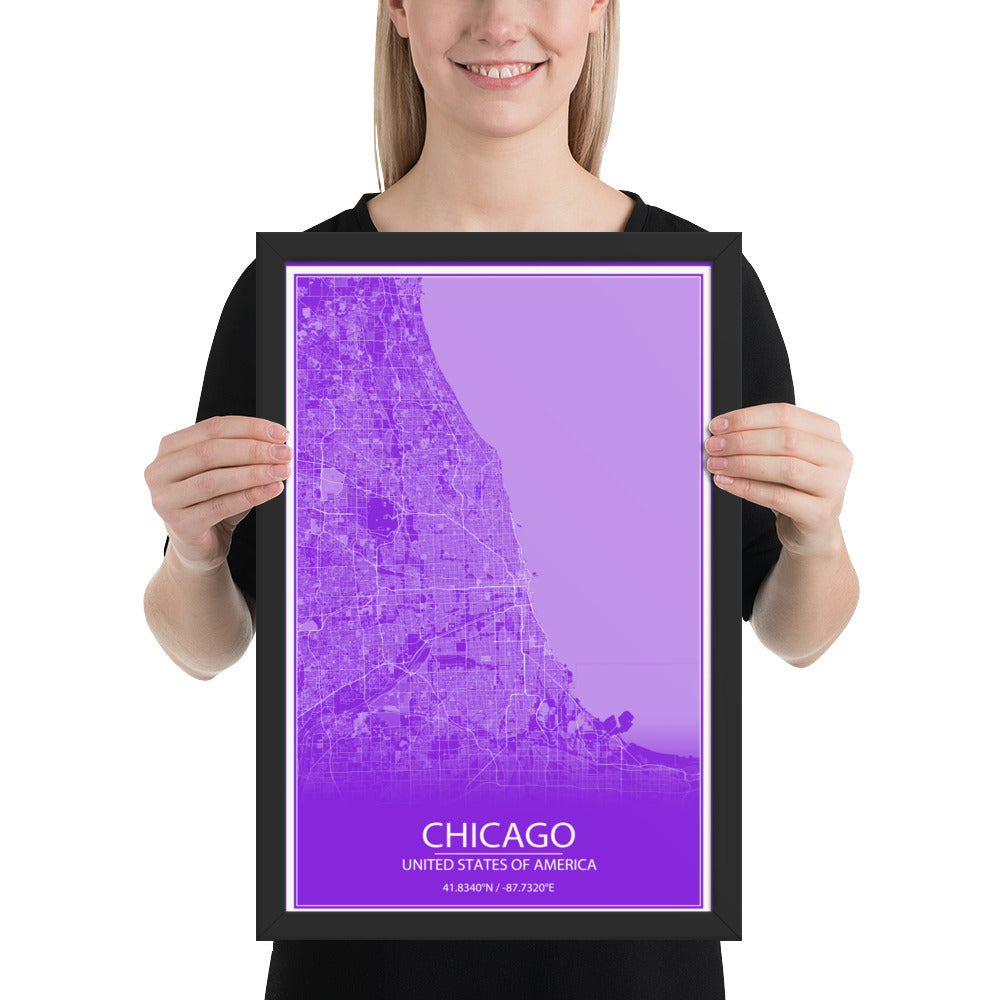 Chicago Purple and White Framed Map