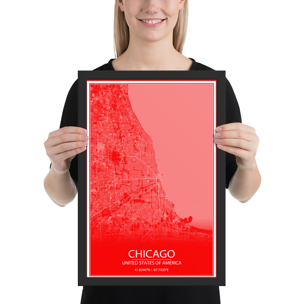 Chicago Red and White Framed Map