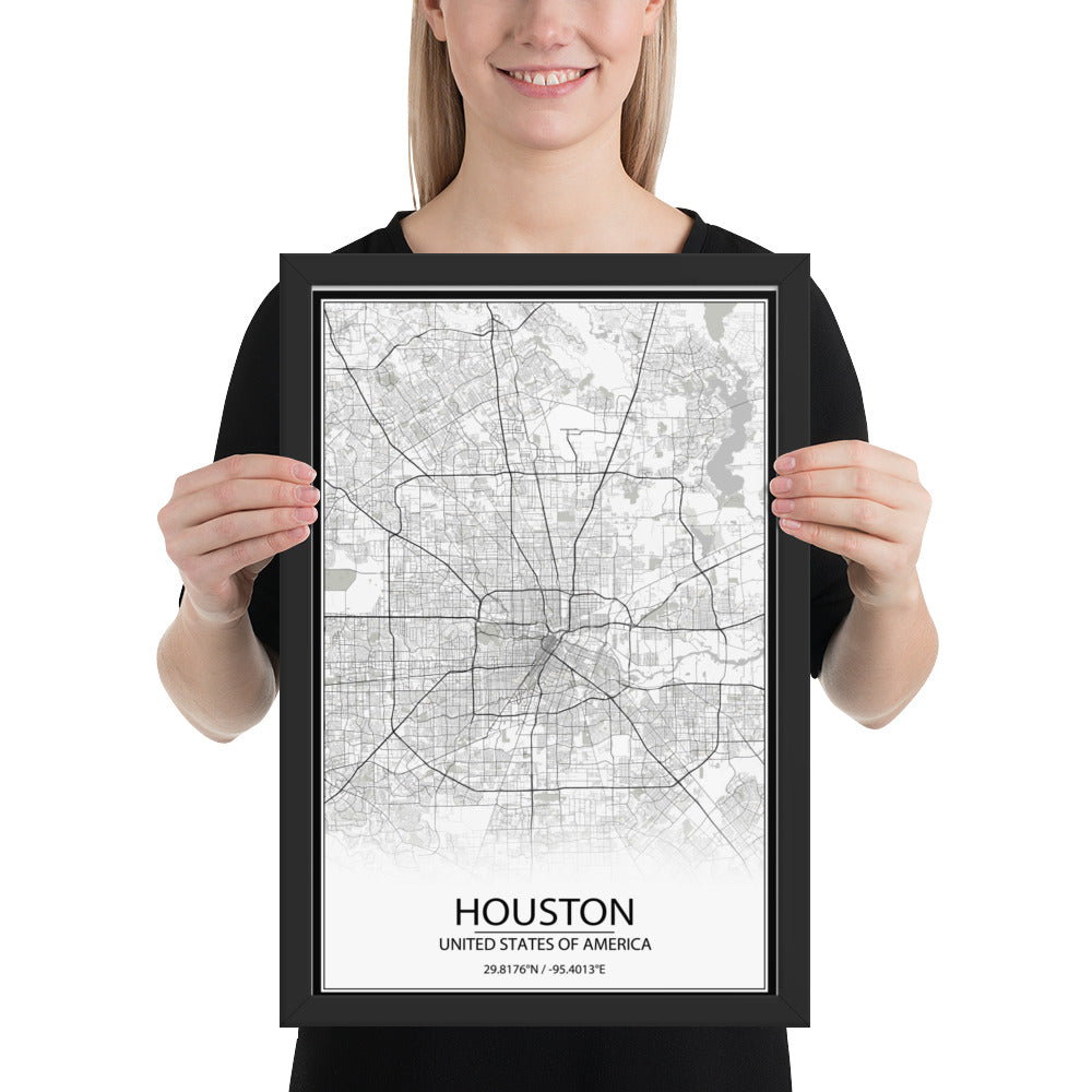 Houston White Framed Map