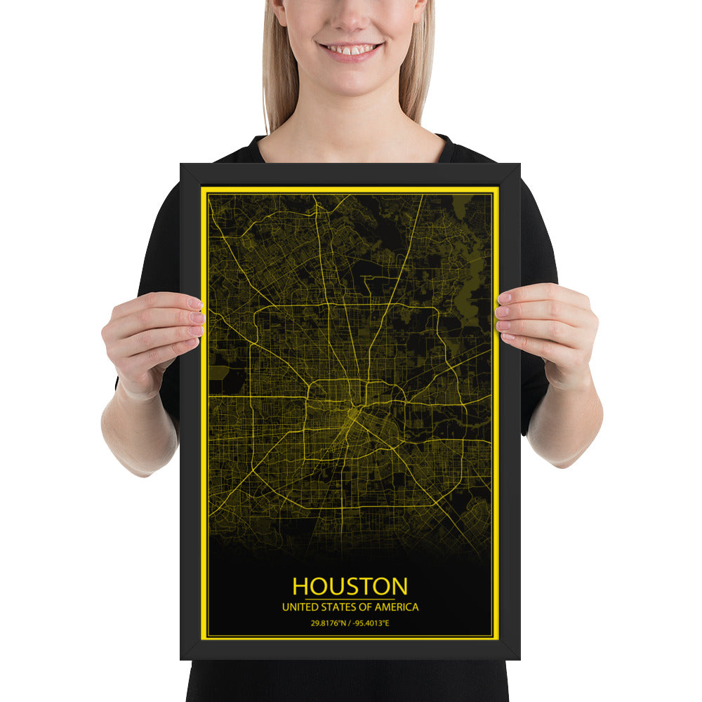 Houston Black and Yellow Framed Map