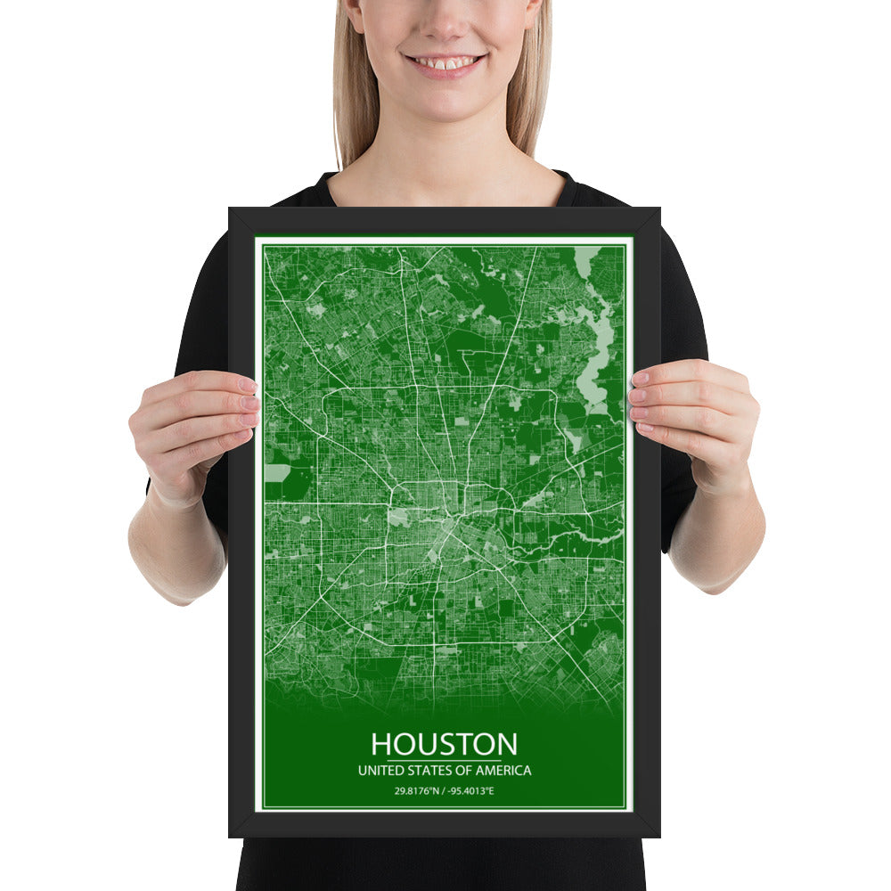 Houston Green and White Framed Map