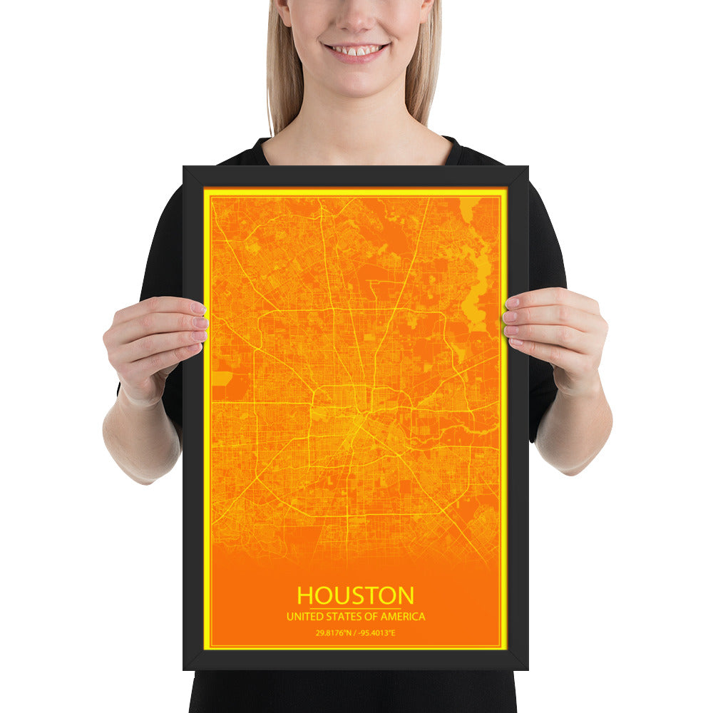 Houston Orange and Yellow Framed Map