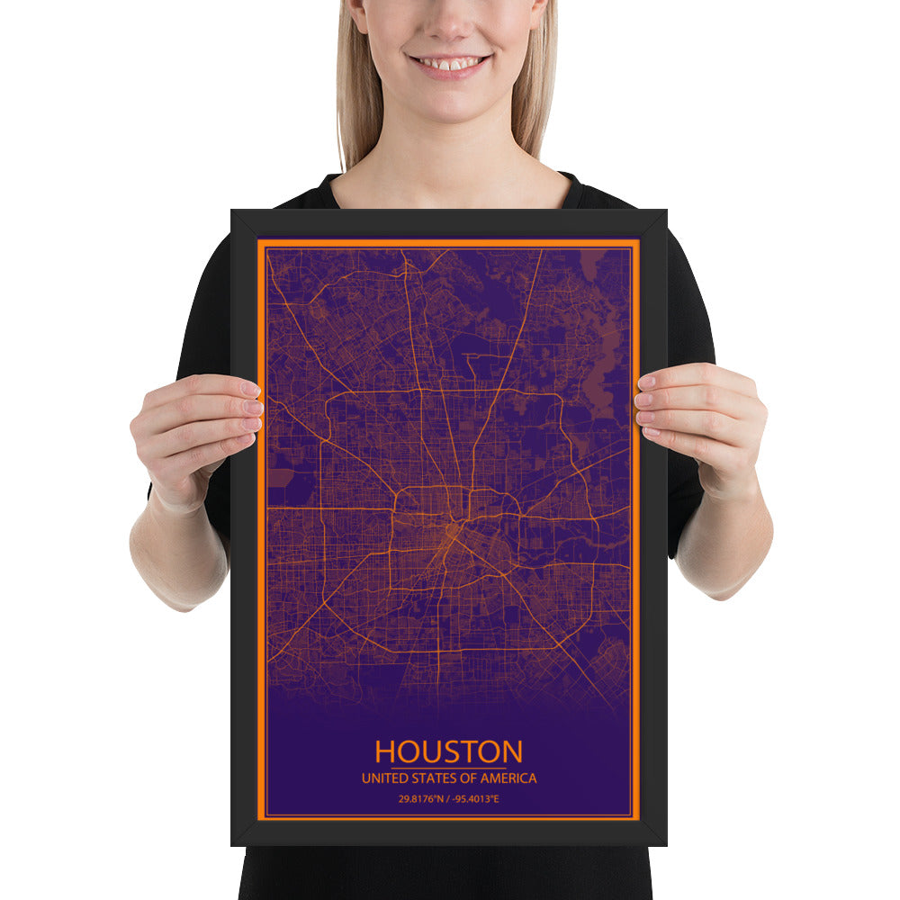 Houston Purple and Orange Framed Map