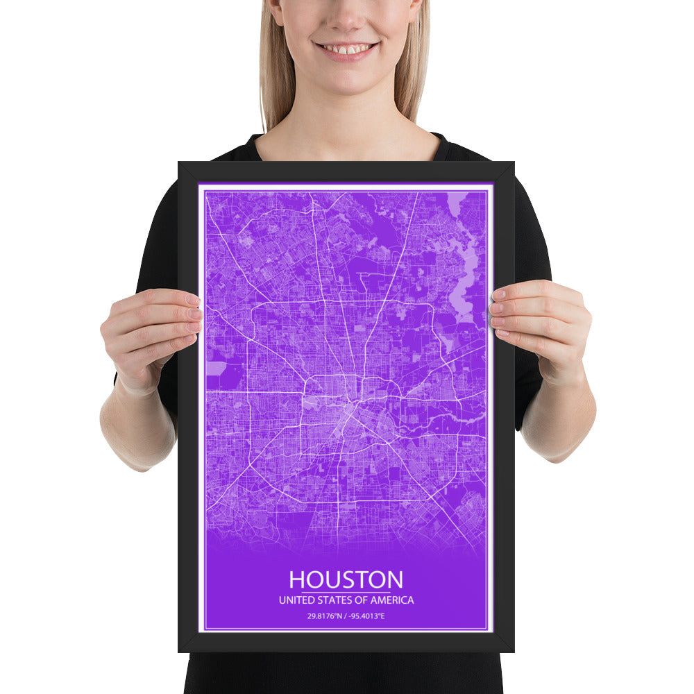 Houston Purple and White Framed Map