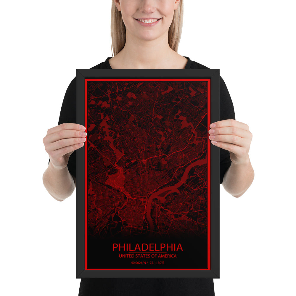 Philadelphia Black and Red Framed Map