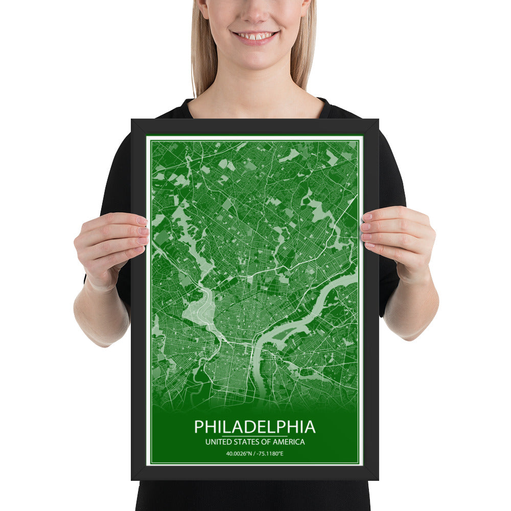 Philadelphia Green and White Framed Map