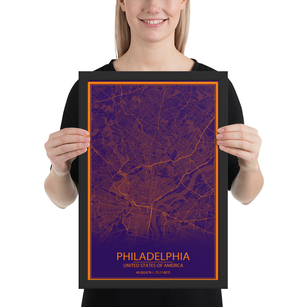 Philadelphia Purple and Orange Framed Map