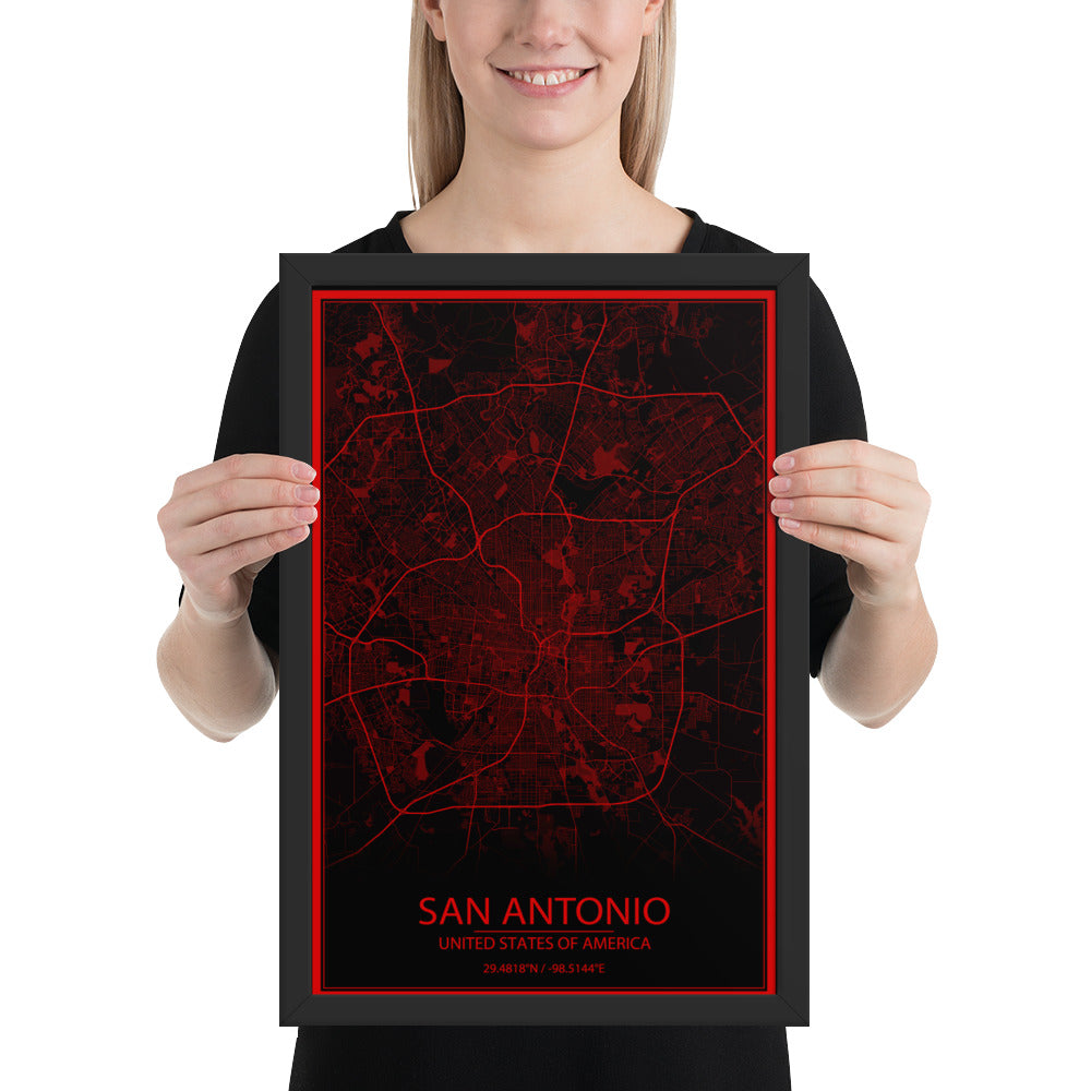 San Antonio Black and Red Framed Map