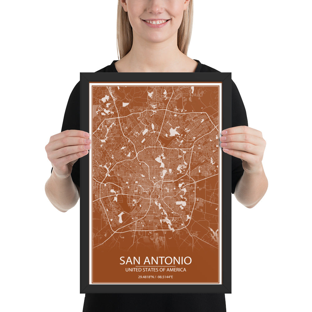 San Antonio Brown and White Framed Map