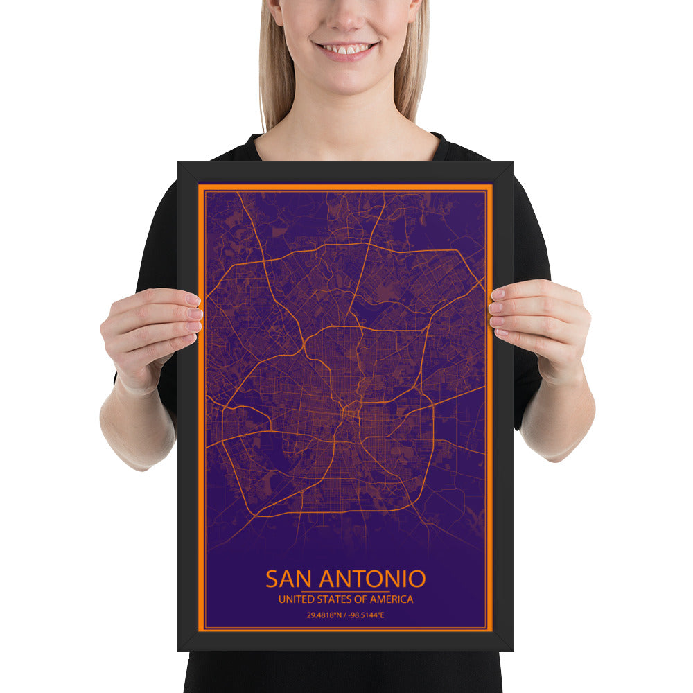 San Antonio Purple and Orange Framed Map