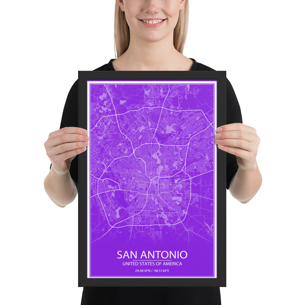 San Antonio Purple and White Framed Map