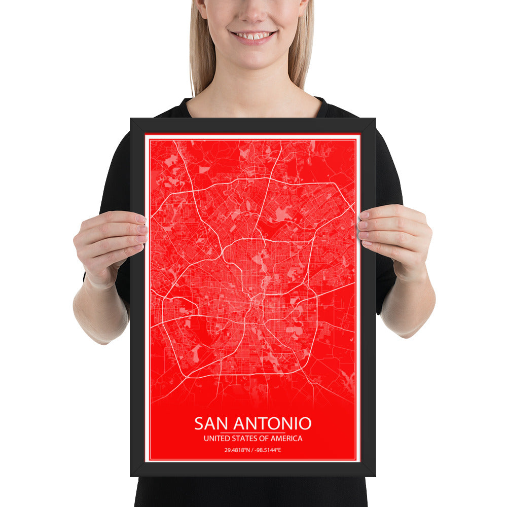 San Antonio Red and White Framed Map