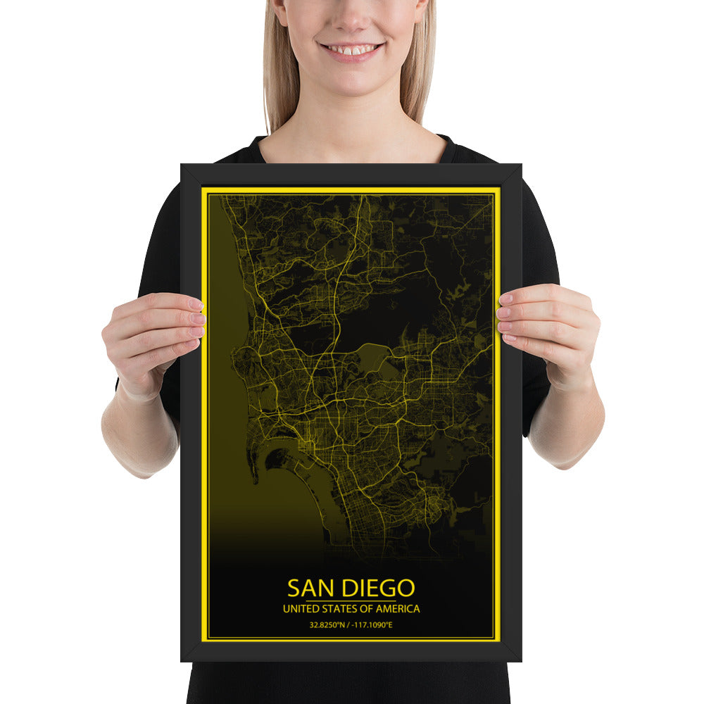 San Diego Black and Yellow Framed Map