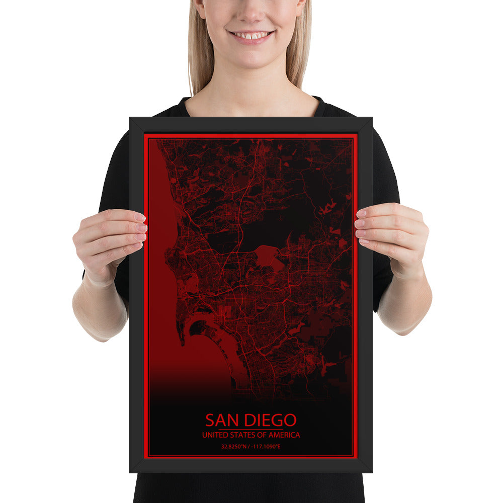 San Diego Black and Red Framed Map