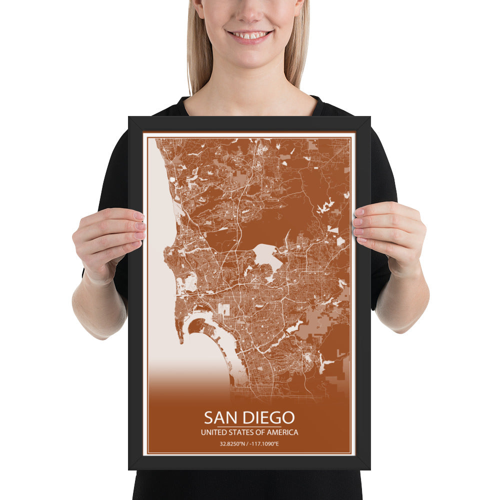 San Diego Brown and White Framed Map