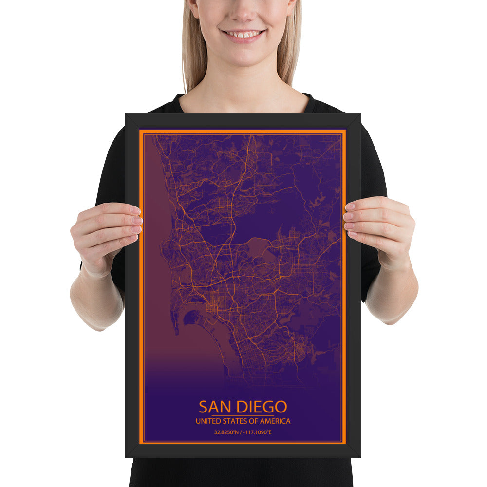 San Diego Purple and Orange Framed Map