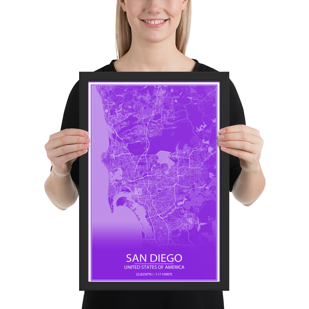 San Diego Purple and White Framed Map