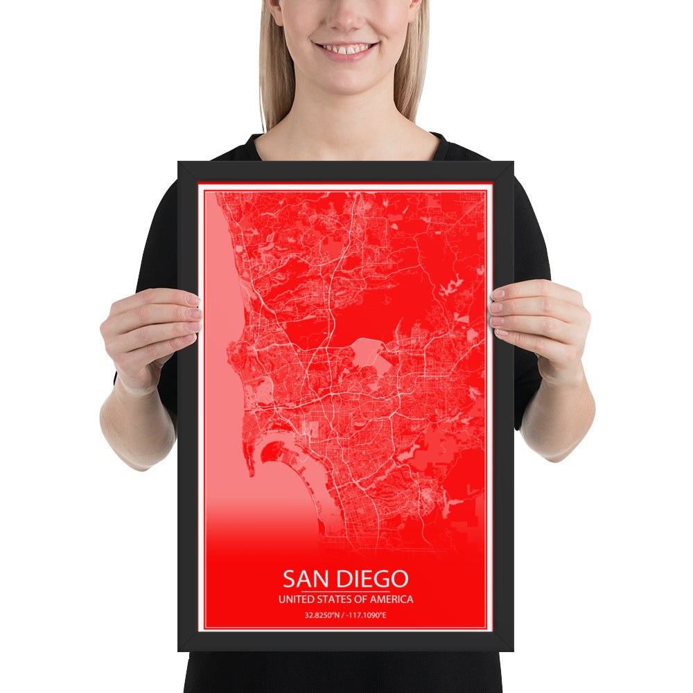 San Diego Red and White Framed Map