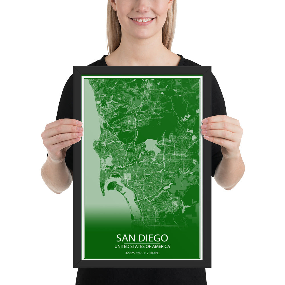 San Diego Green and White Framed Map