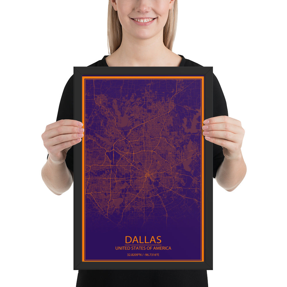 Dallas Purple and Orange Framed Map