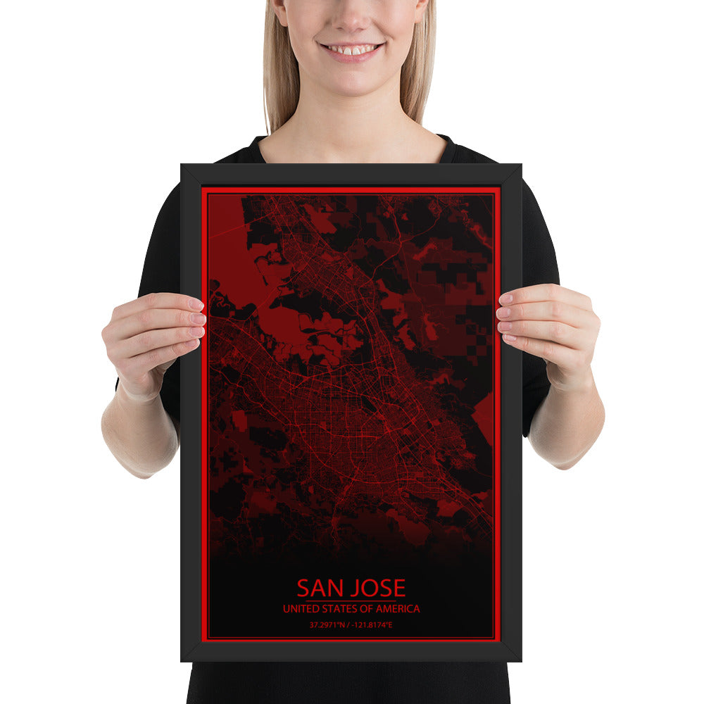 San Jose Black and Red Framed Map