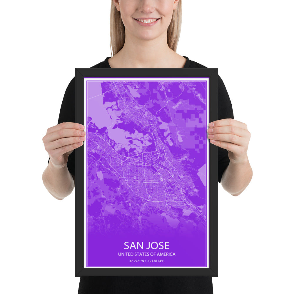 San Jose Purple and White Framed Map