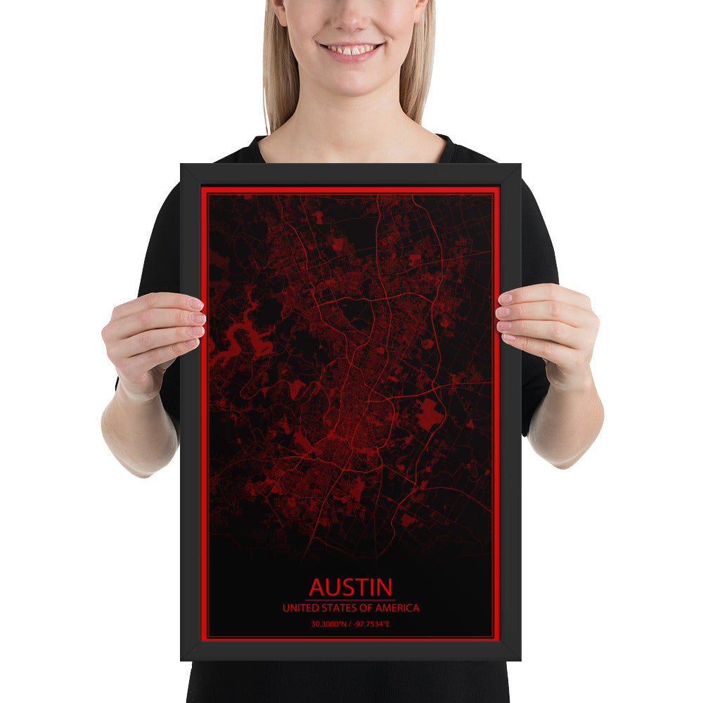 Austin Black and Red Framed Map