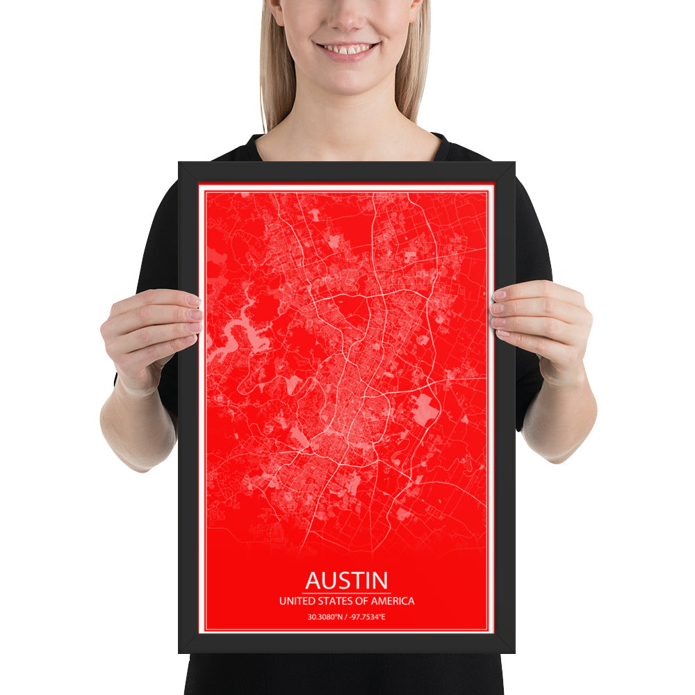 Austin Red and White Framed Map