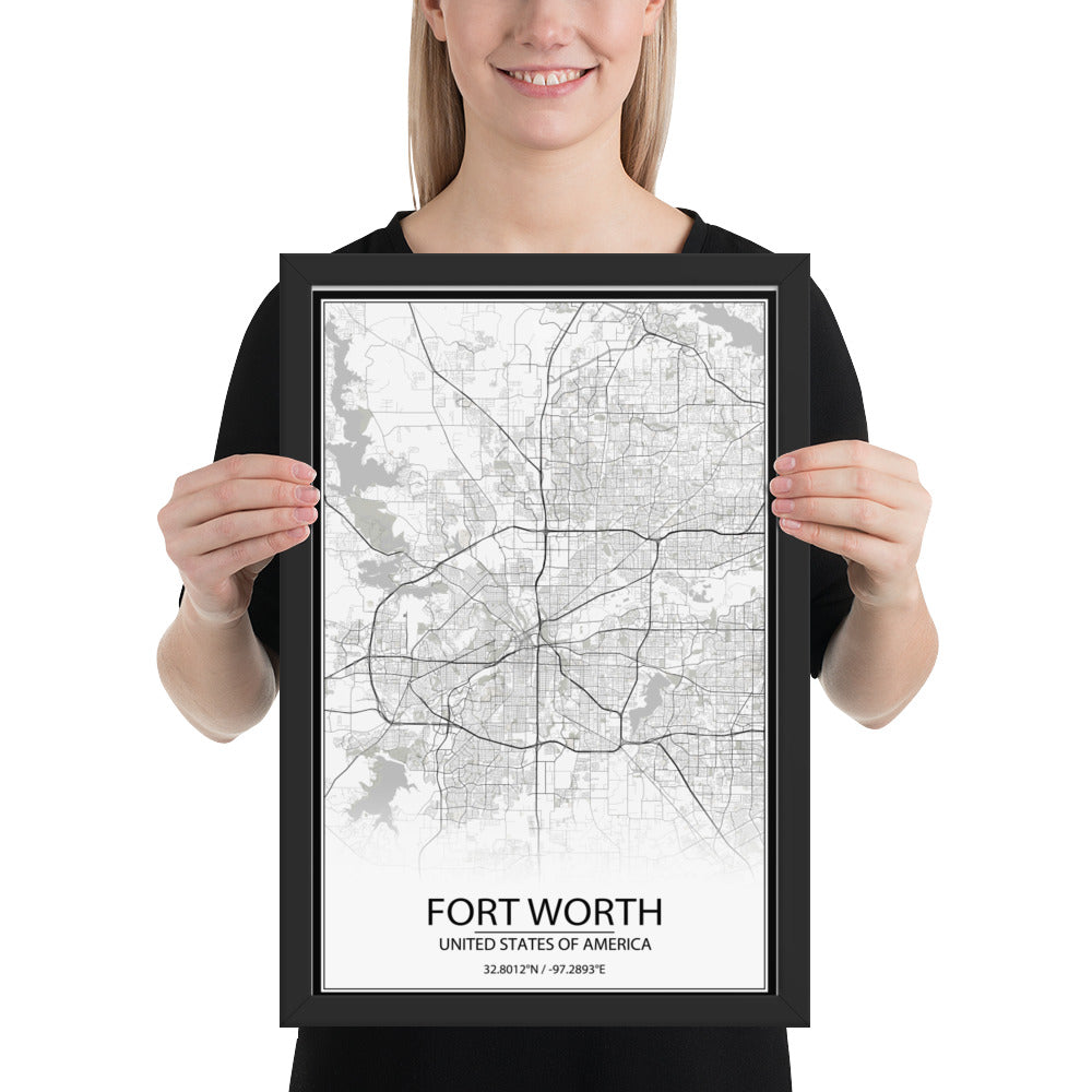 Fort Worth White Framed Map