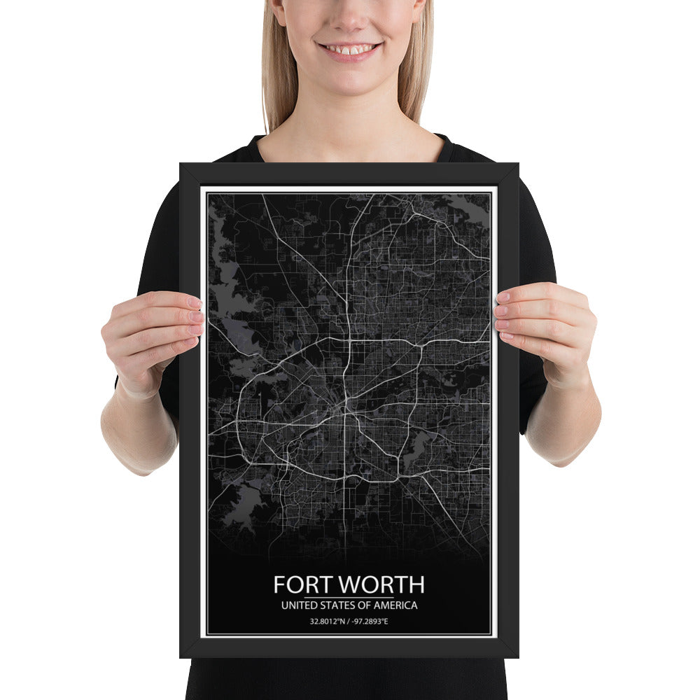 Fort Worth Black Framed Map