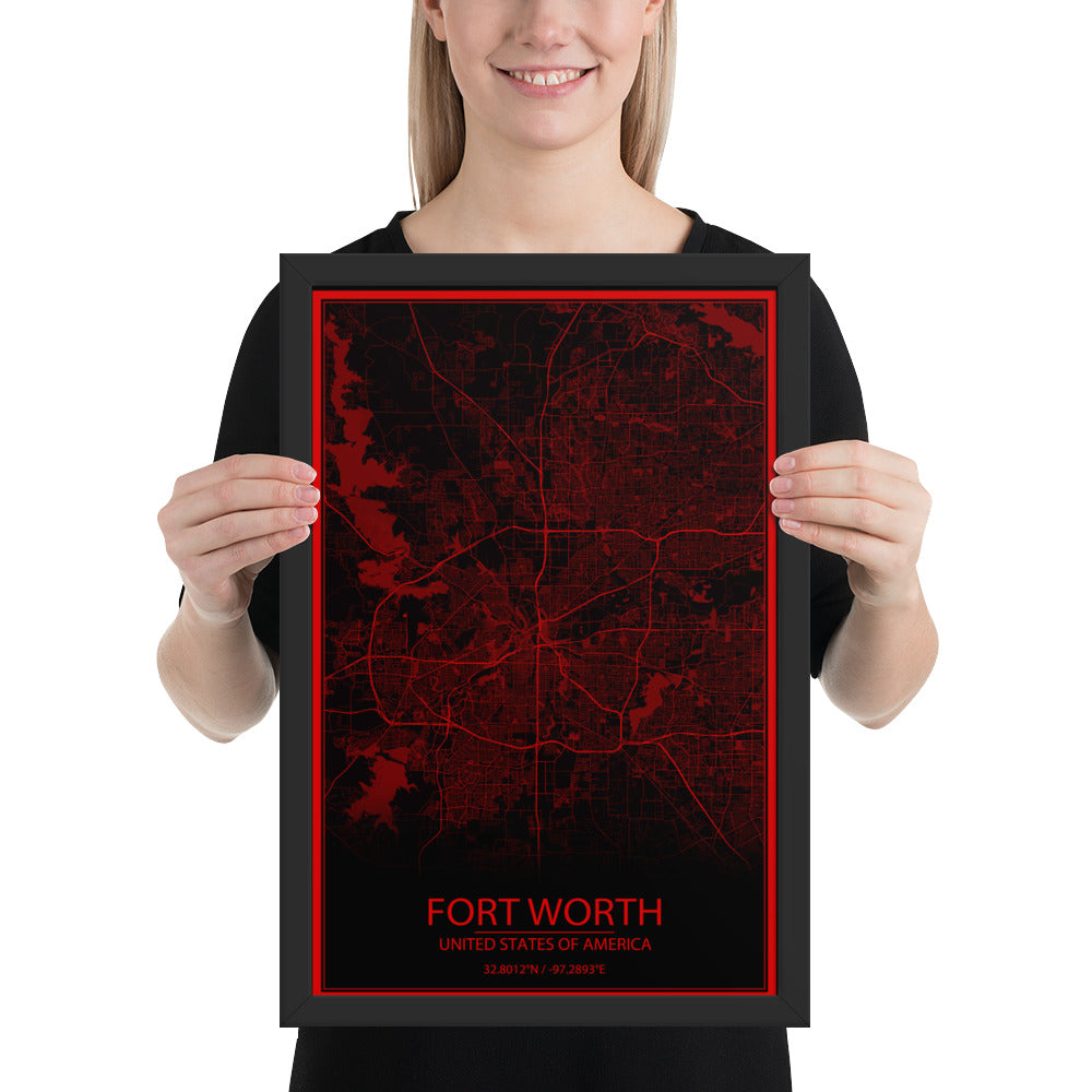 Fort Worth Black and Red Framed Map