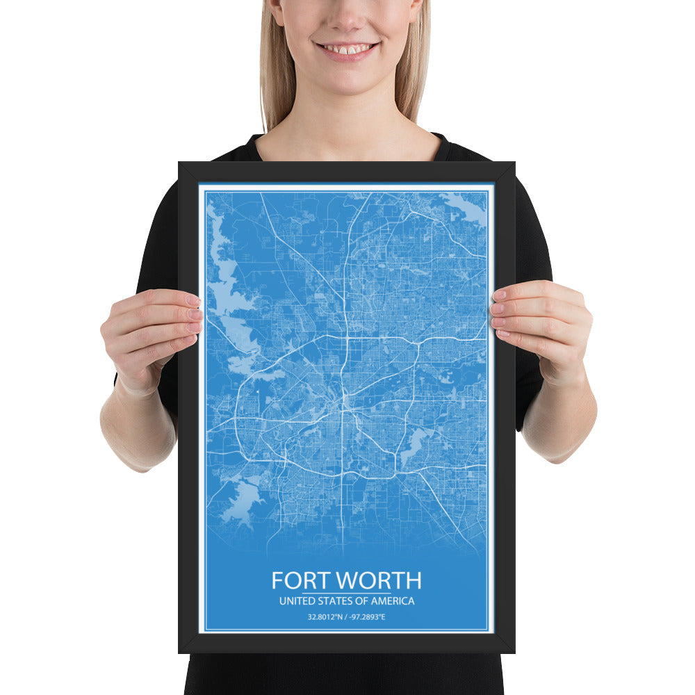 Fort Worth Blue and White Framed Map